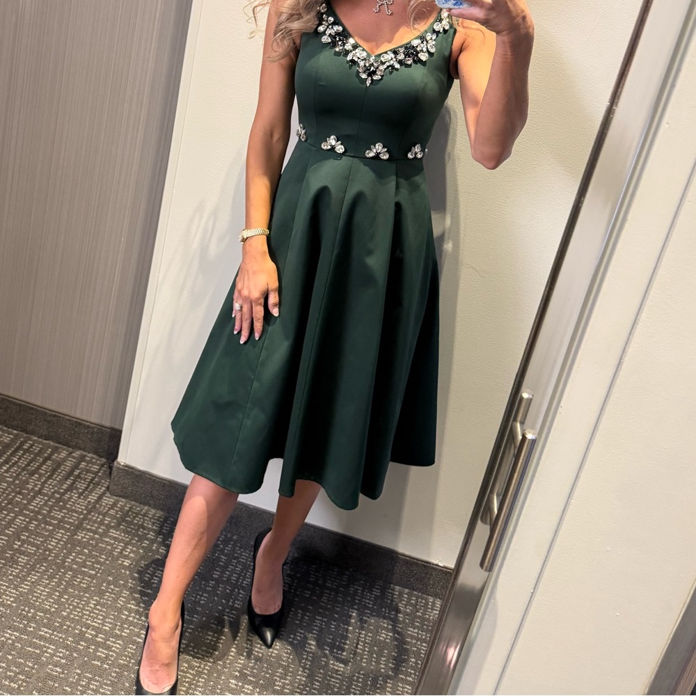 Kate Spade Dark Green Midi Dress with Floral Accents